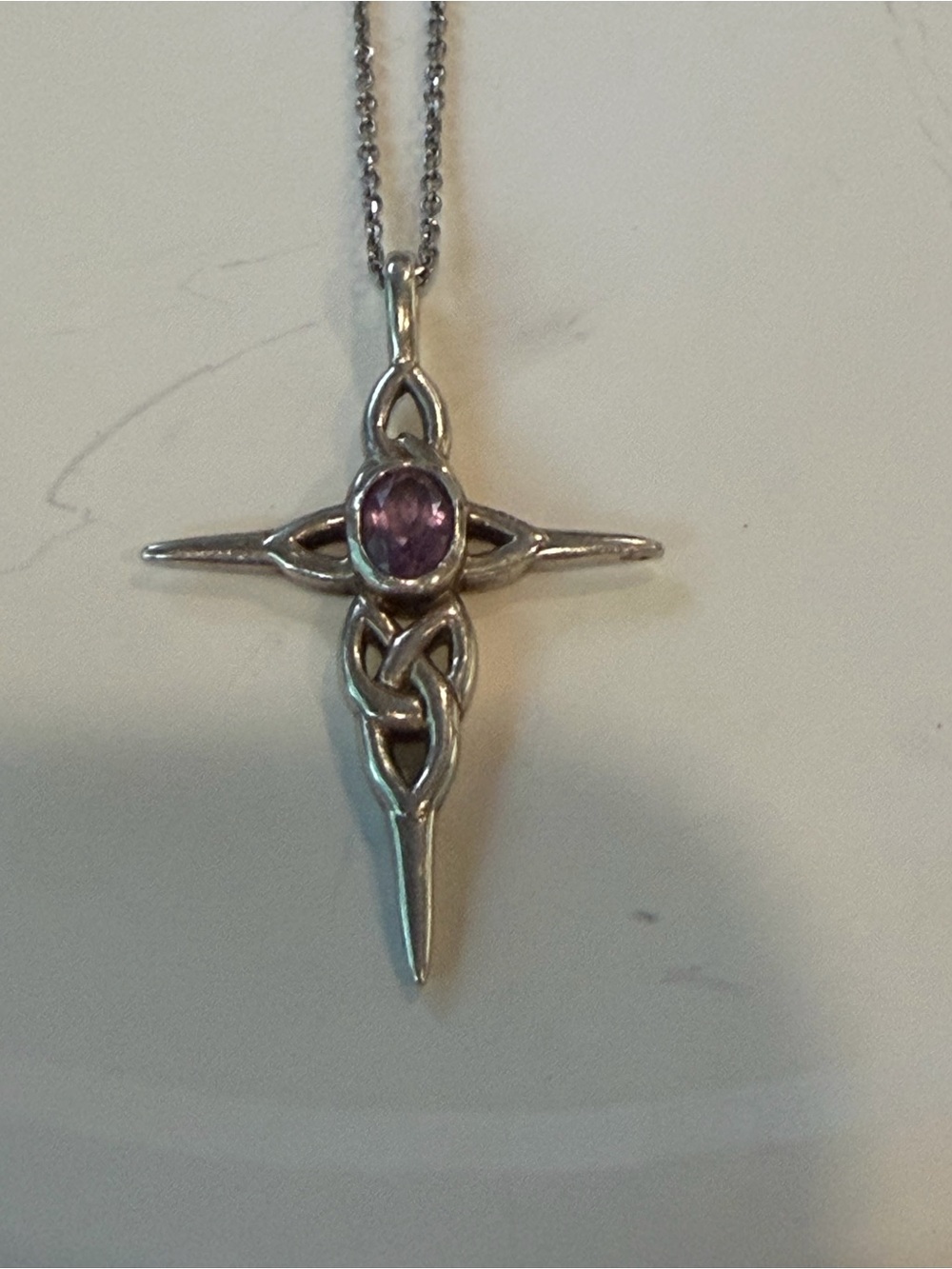 Sterling Silver Celtic Cross Pendant with Purple Stone